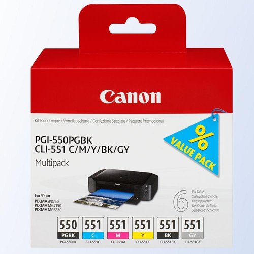 Canon PGI-550/CLI-551 PGBK/C/M/Y/BK/GY Multipack mit 6 Tinten